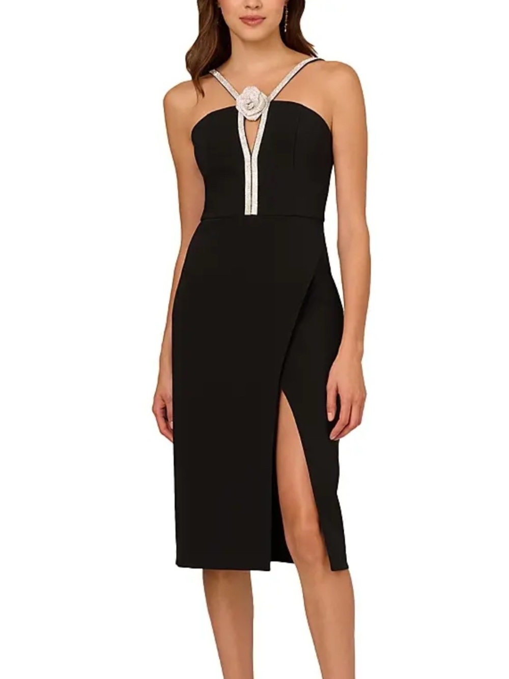 Chic Black Midi Dress with Crystal-Strap Detail